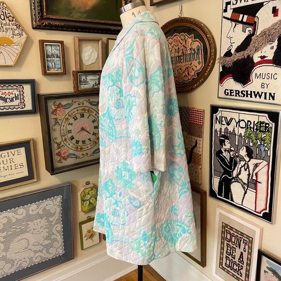 Vintage Lorraine Pastel Blue & Aqua Button-Up Quilted Robe With Floral Pattern S - Picture 3 of 5